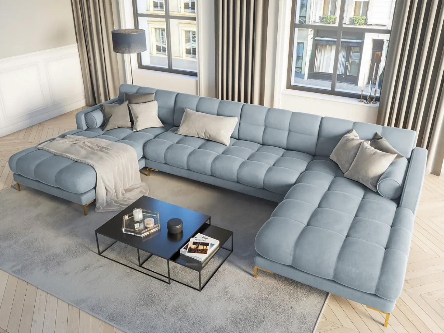 Cosmopolitan Design - Sofá panorâmico "Bali" 7 lugares em veludo azul claro - 383x185x75cm