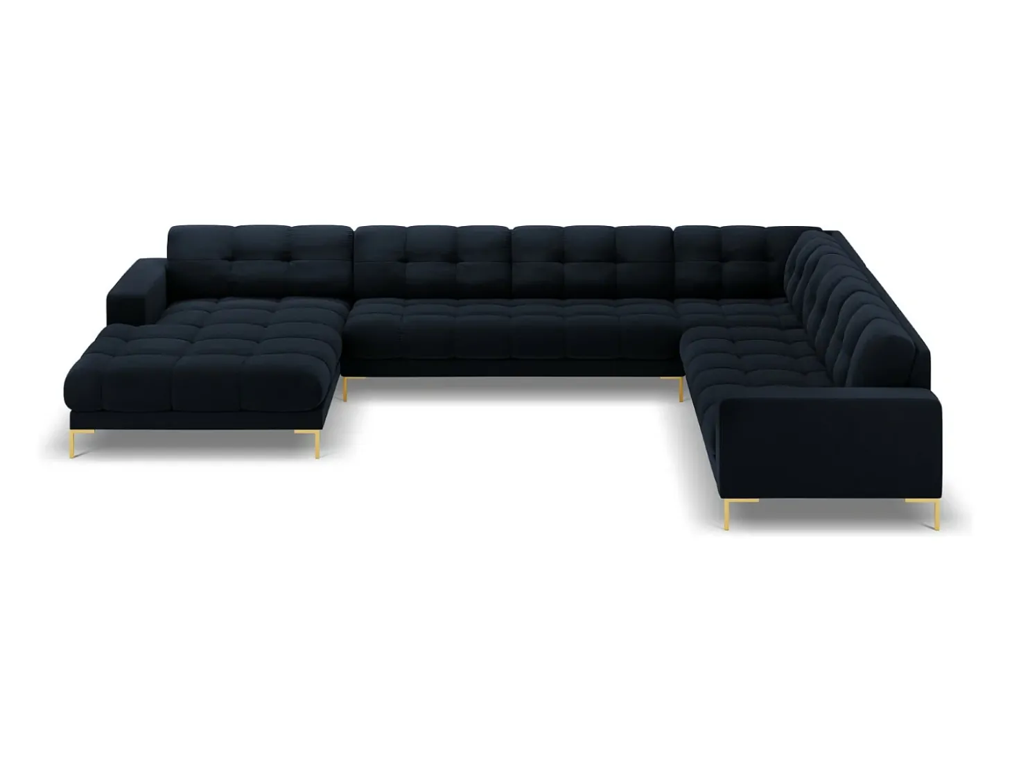 Cosmopolitan Design - Sofá de canto direito panorâmico "Bali" 7 lugares em veludo azul escuro - 327x256x75cm