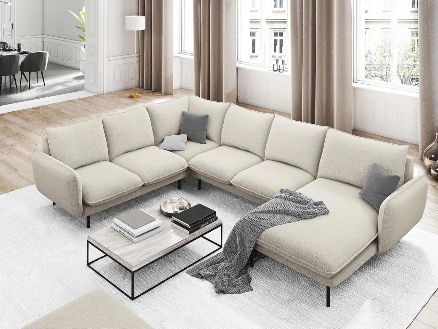 Cosmopolitan Design - Sofá de canto panorâmico à esquerda "Vienna" 7 lugares em tecido estrutural bege claro - 330x235x95cm