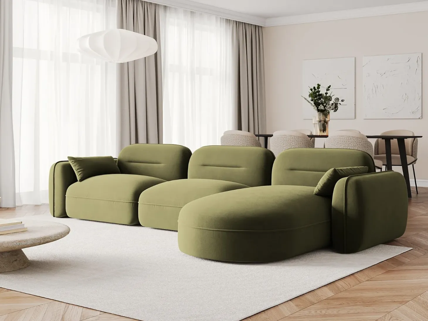 Cosmopolitan Design - Sofá modular de canto direito "Sydney" 4 lugares em veludo verde claro - 320x165x70cm