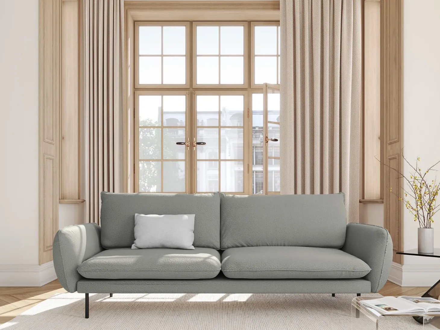 Cosmopolitan Design - Sofá "Vienna" 4 lugares em tecido bouclé cinza - 230x92x95cm