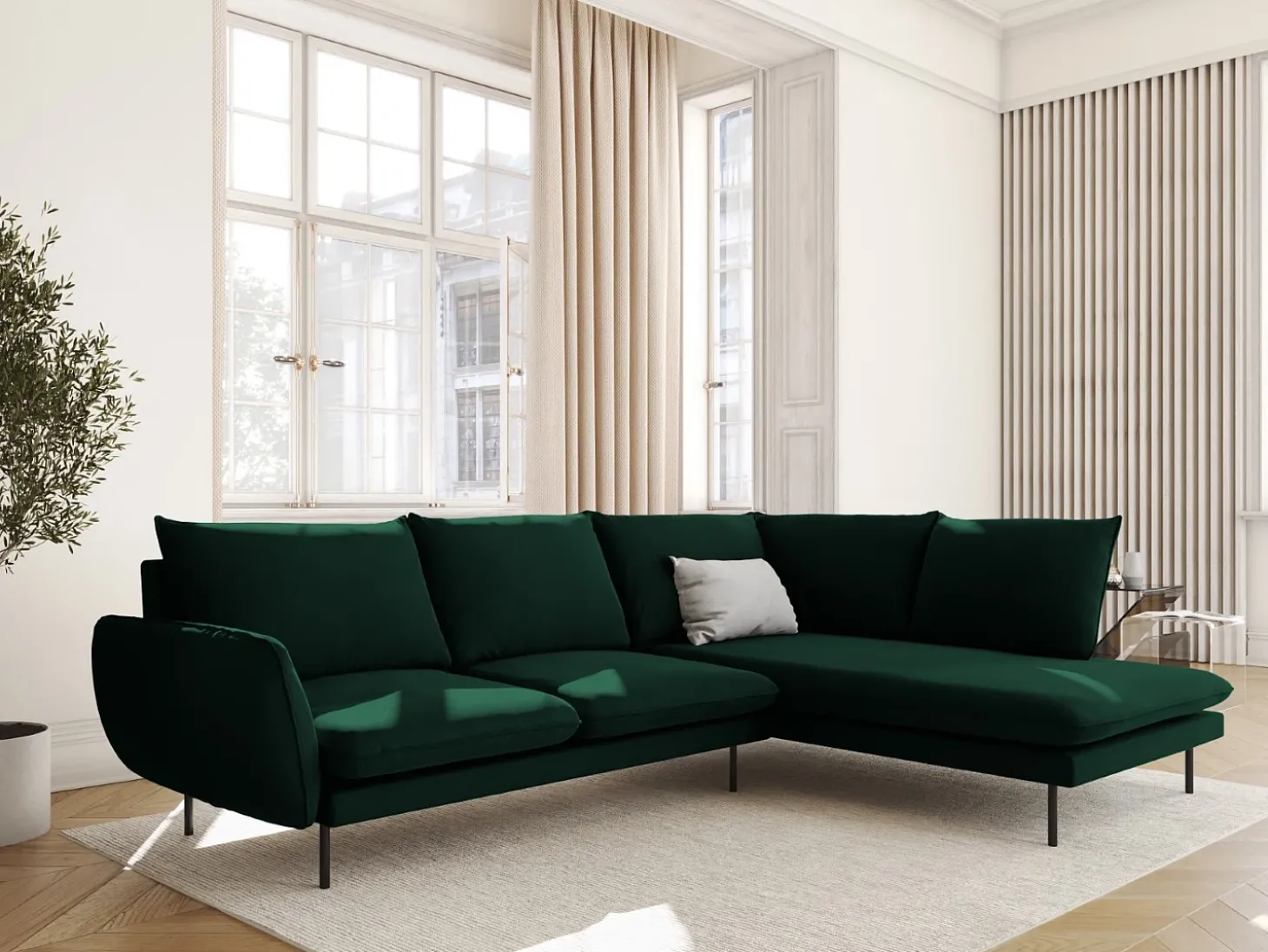 Cosmopolitan Design - Sofá de canto direito "Vienna" 6 lugares em veludo verde garrafa - 275x185x95cm