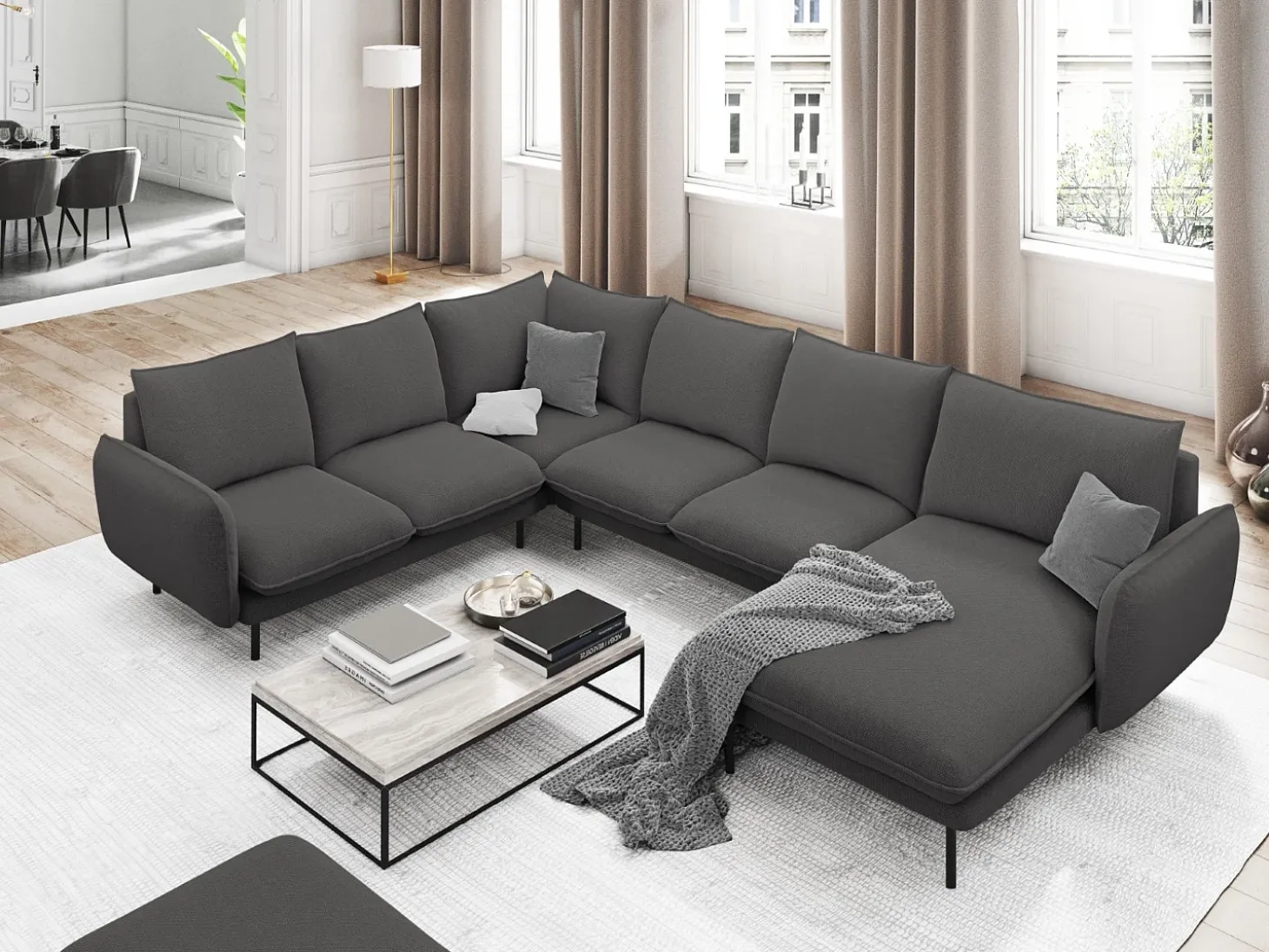 Cosmopolitan Design - Sofá de canto panorâmico à esquerda "Vienna" 7 lugares em tecido estrutural cinza escuro - 330x235x95cm