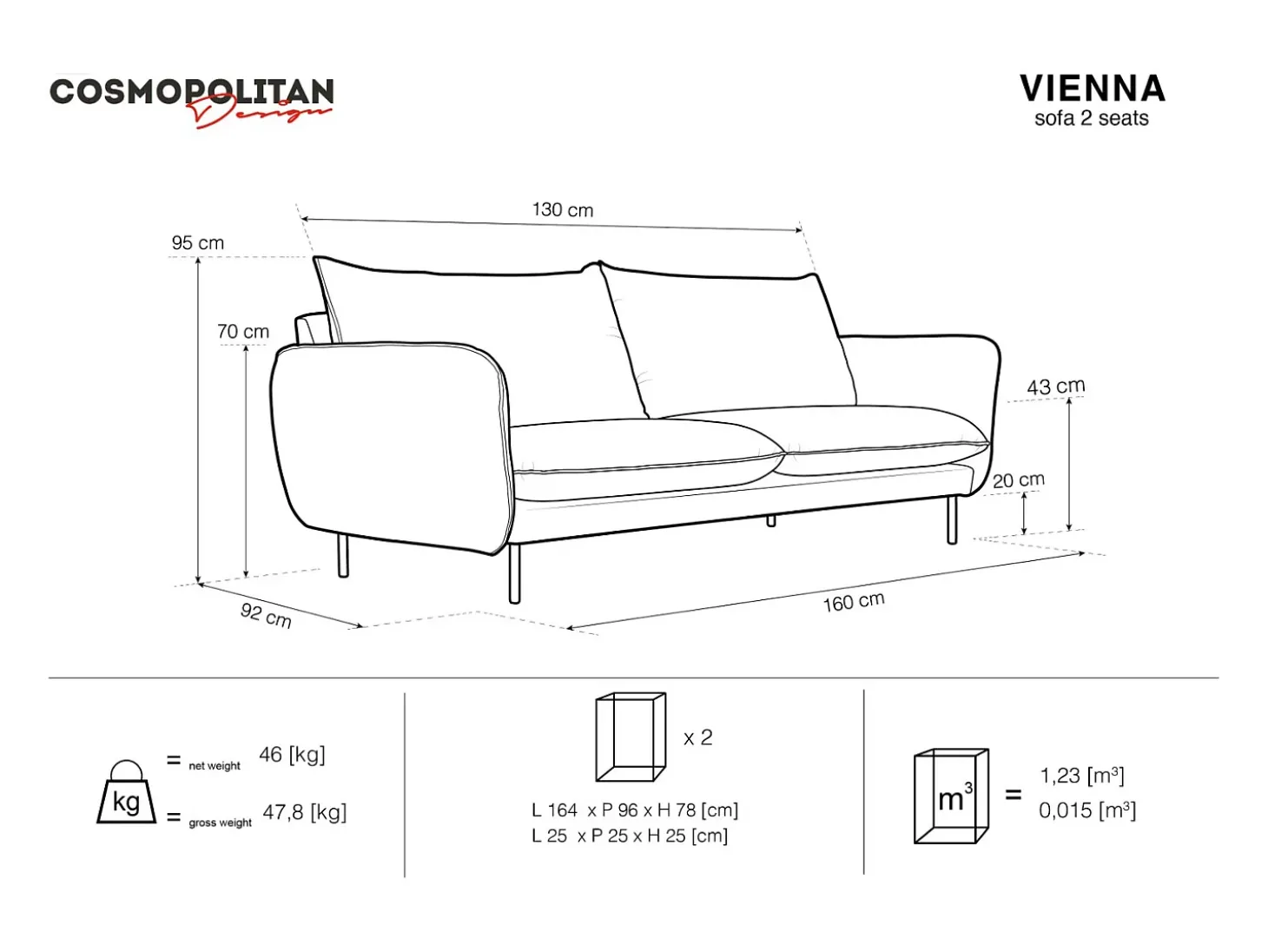 Cosmopolitan Design - Sofá "Vienna" 2 lugares em tecido estrutural cinza escuro - 160x92x95cm