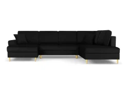 Cosmopolitan Design - Sofá panorâmico convertível em linha reta com caixa de arrumação "Kyoto" 7 lugares em veludo preto - 313x194x88cm
