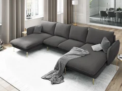 Cosmopolitan Design - Sofá panorâmico "Vienna" 6 lugares em tecido estrutural cinza escuro - 350x170x95cm