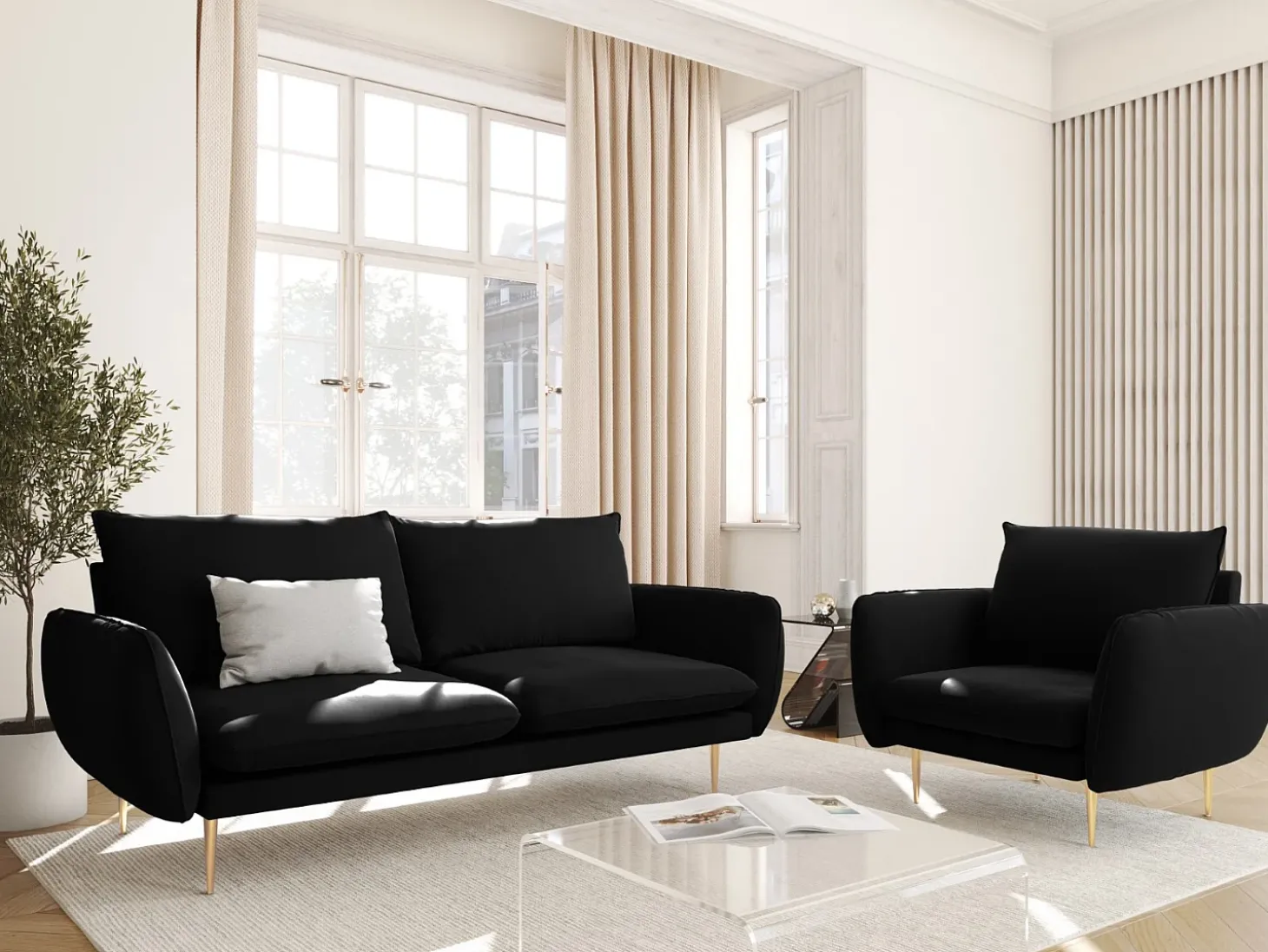 Cosmopolitan Design - Sofá "Vienna" 2 lugares em veludo preto - 160x92x95cm