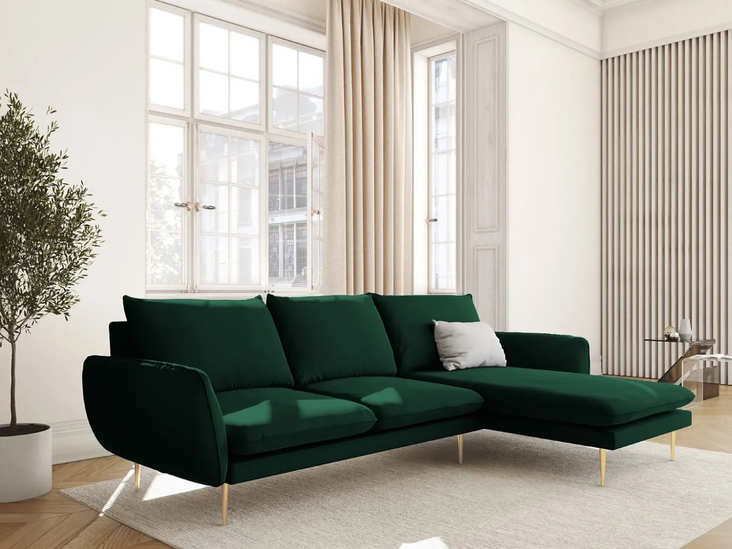 Cosmopolitan Design - Sofá de canto direito "Vienna" 5 lugares em veludo verde garrafa - 255x170x95cm