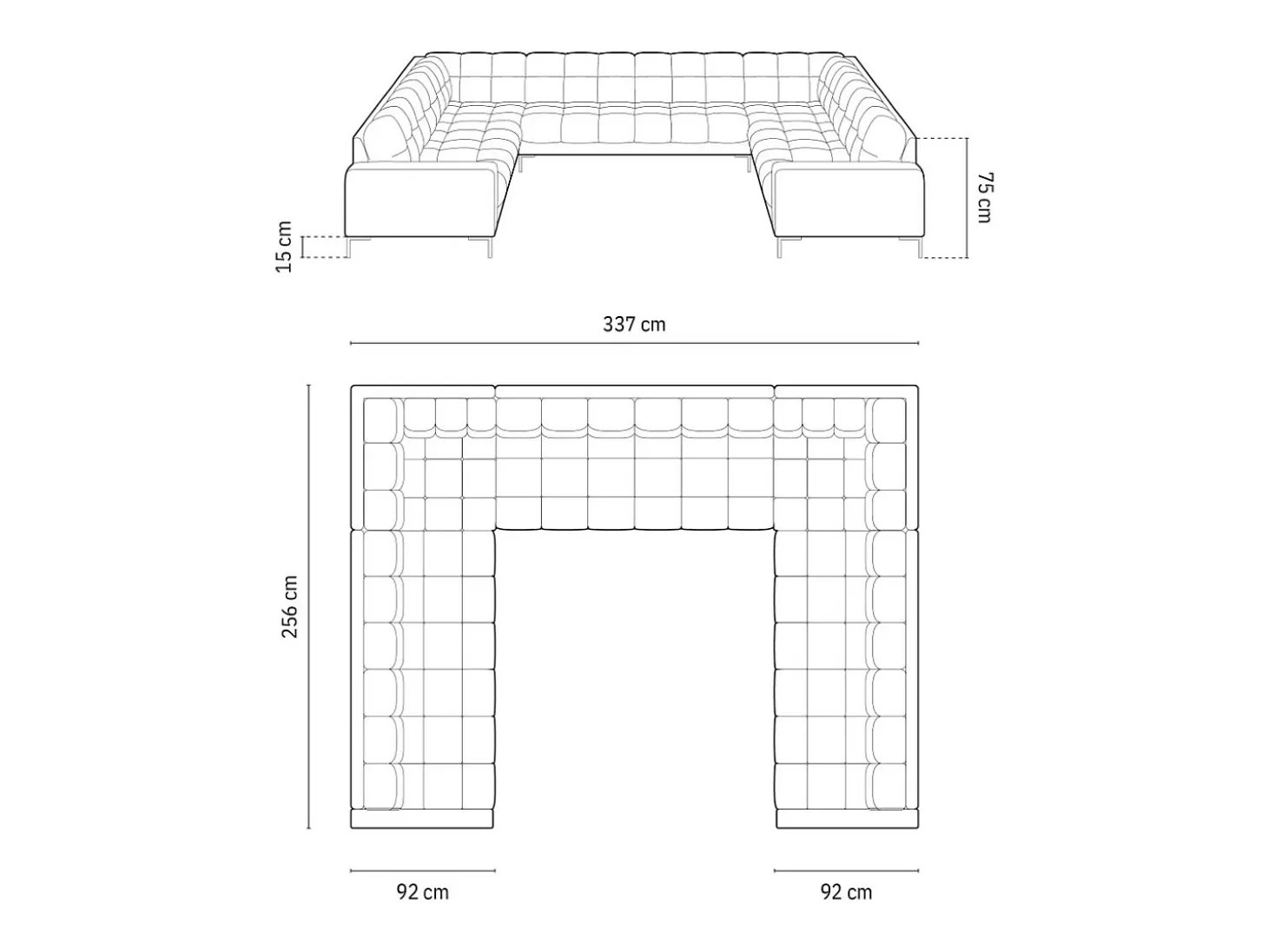 Cosmopolitan Design - Sofá panorâmico "Bali" 9 lugares em tecido estrutural preto - 327x256x75cm