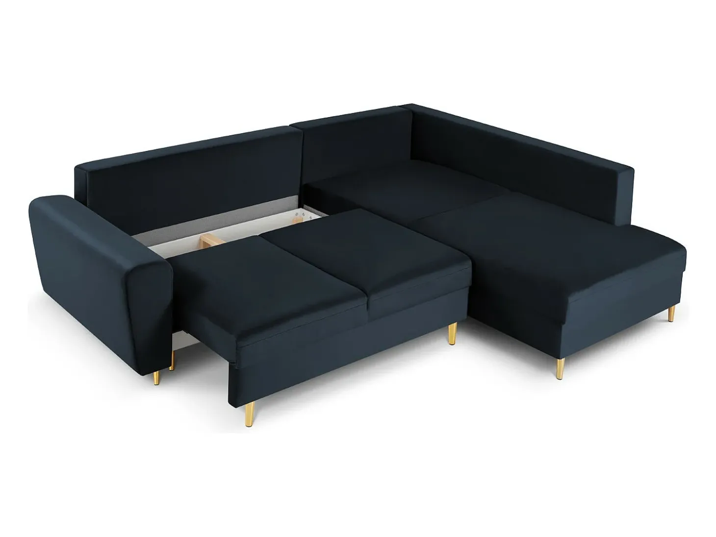 Cosmopolitan Design - Sofá convertível de canto direito com caixa de arrumação "Kyoto" 5 lugares em veludo azul escuro - 243x194x88cm