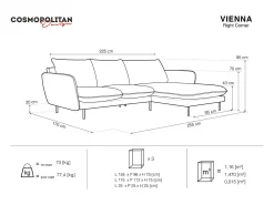 Cosmopolitan Design - Sofá de canto direito "Vienna" 5 lugares em veludo cinza escuro - 255x170x95cm
