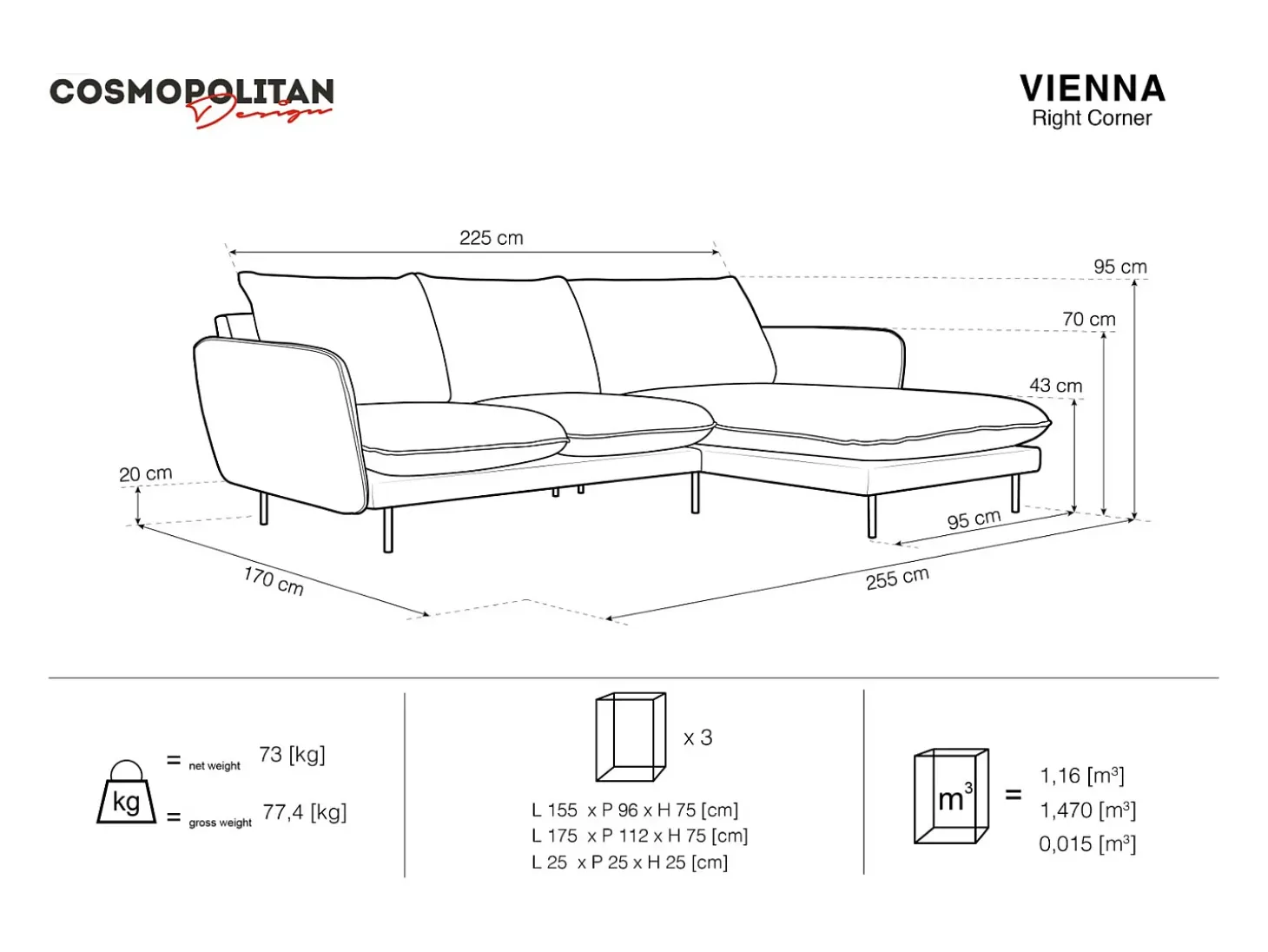 Cosmopolitan Design - Sofá de canto direito "Vienna" 5 lugares em veludo cinza escuro - 255x170x95cm