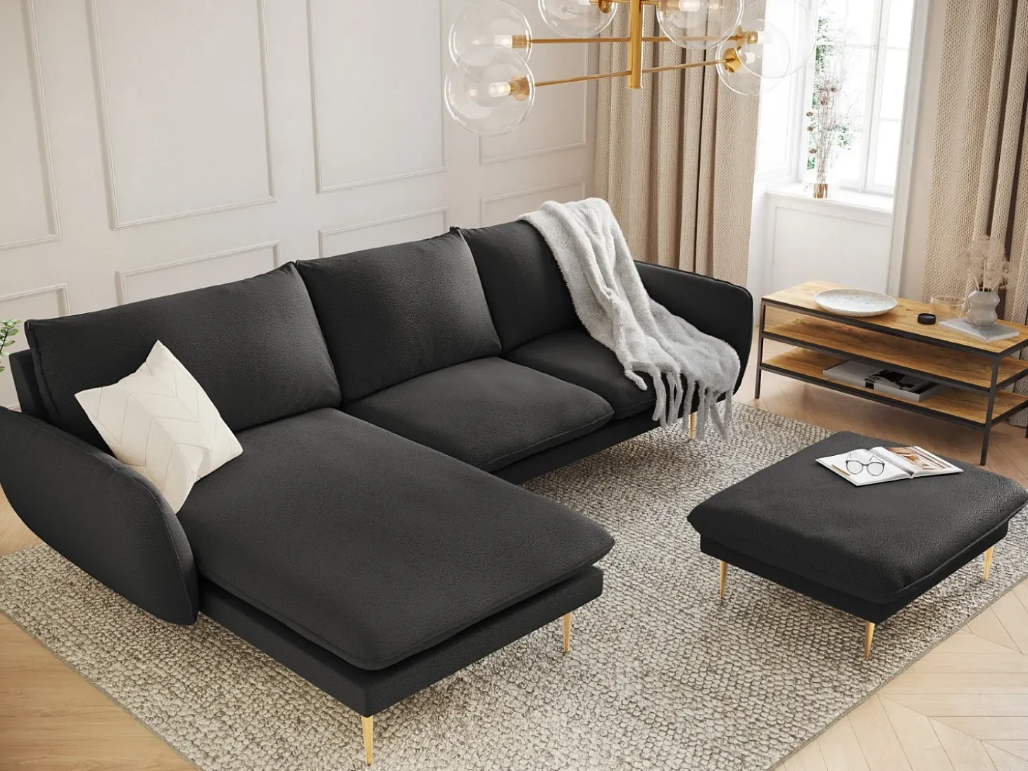 Cosmopolitan Design - Sofá de canto esquerdo "Vienna" 5 lugares em tecido bouclé preto - 255x170x95cm