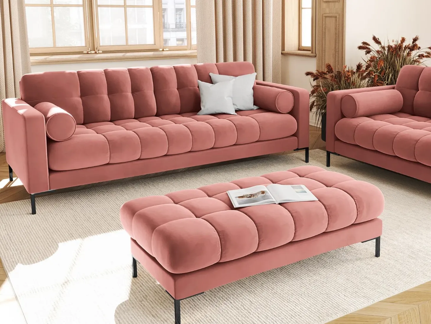Cosmopolitan Design - Sofá "Bali" 3 lugares em veludo rosa - 177x92x75cm