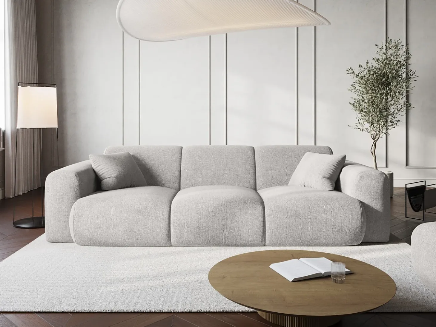 Cosmopolitan Design - Sofá "Nolio" 3 lugares em tecido chenille cinza claro - 235x95x72cm