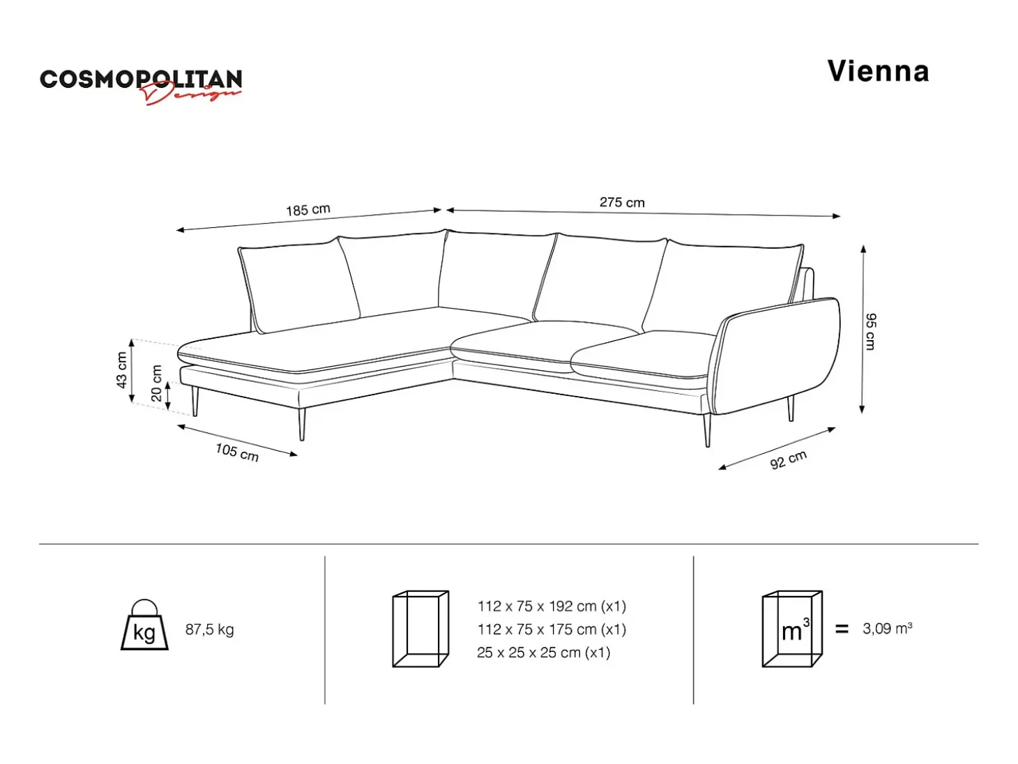 Cosmopolitan Design - Sofá de canto esquerdo "Vienna" 6 lugares em tecido bouclé preto - 275x185x95cm