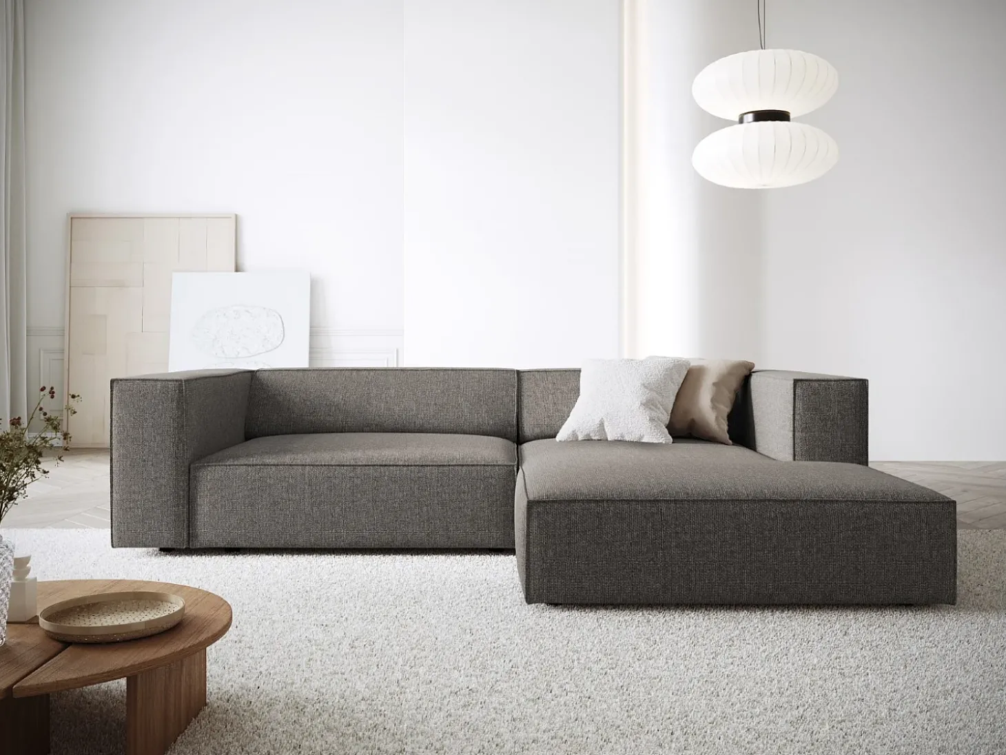 Cosmopolitan Design - Sofá de canto direito "Arendal" 3 lugares em tecido chenille cinza - 224x166x70cm