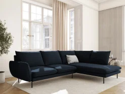 Cosmopolitan Design - Sofá de canto direito "Vienna" 6 lugares em veludo azul escuro - 275x185x95cm