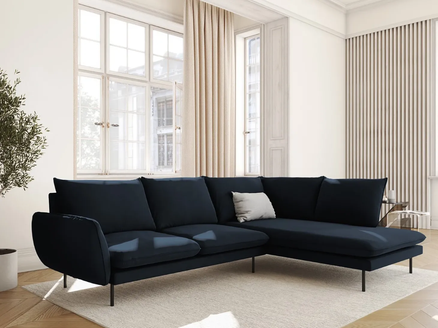 Cosmopolitan Design - Sofá de canto direito "Vienna" 6 lugares em veludo azul escuro - 275x185x95cm