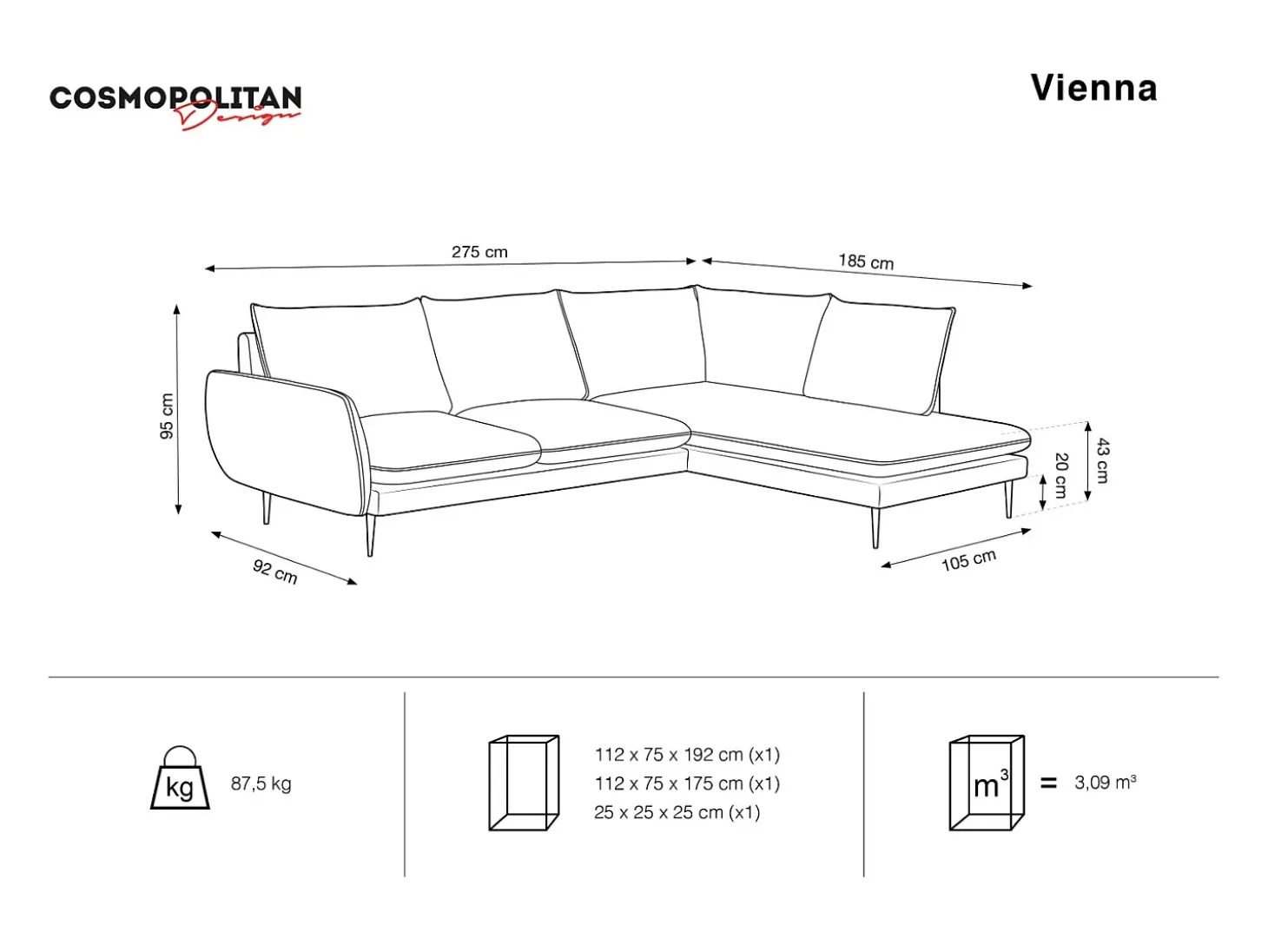 Cosmopolitan Design - Sofá de canto direito "Vienna" 6 lugares em veludo azul escuro - 275x185x95cm
