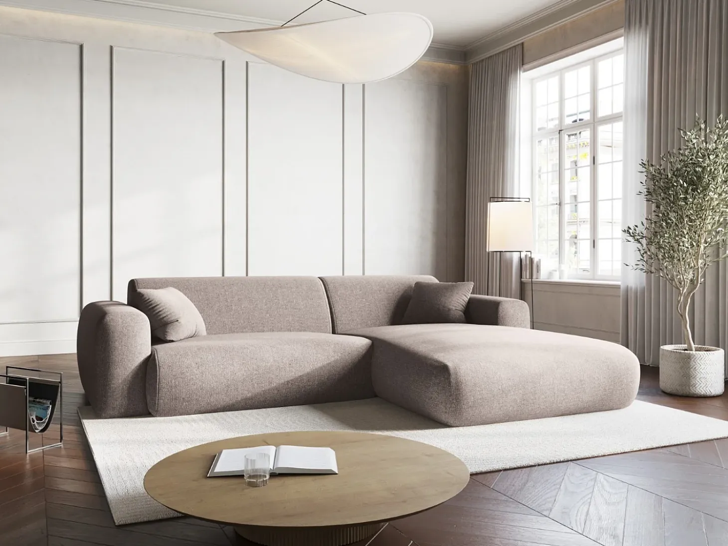 Cosmopolitan Design - Sofá de canto direito "Nolio" 4 lugares em tecido chenille bege - 235x170x72cm
