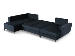 Cosmopolitan Design - Sofá panorâmico convertível esquerdo com caixa de arrumação "Kyoto" 7 lugares em veludo azul escuro - 313x194x88cm