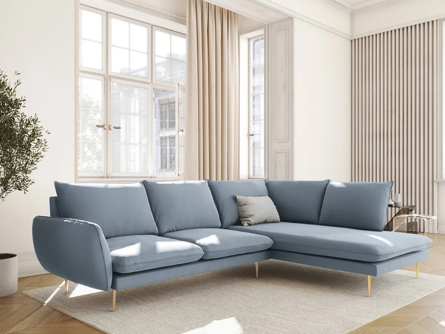 Cosmopolitan Design - Sofá de canto direito "Vienna" 6 lugares em veludo azul claro - 275x185x95cm