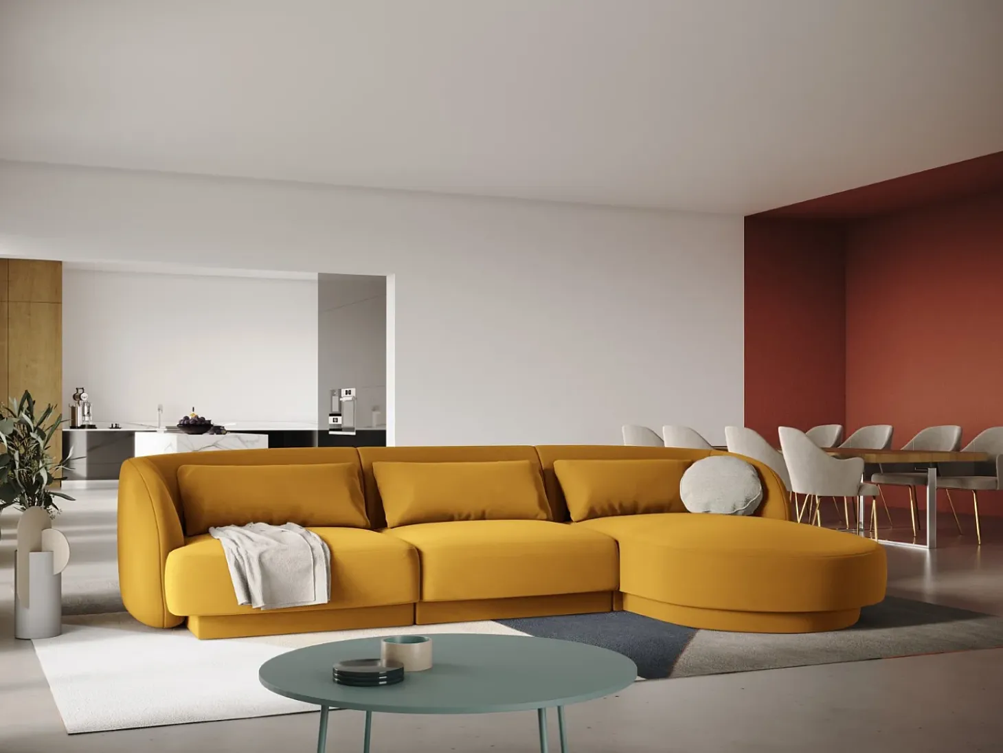 Cosmopolitan Design - Sofá de canto direito "Tulum" 4 lugares em veludo amarelo - 255x156x70cm