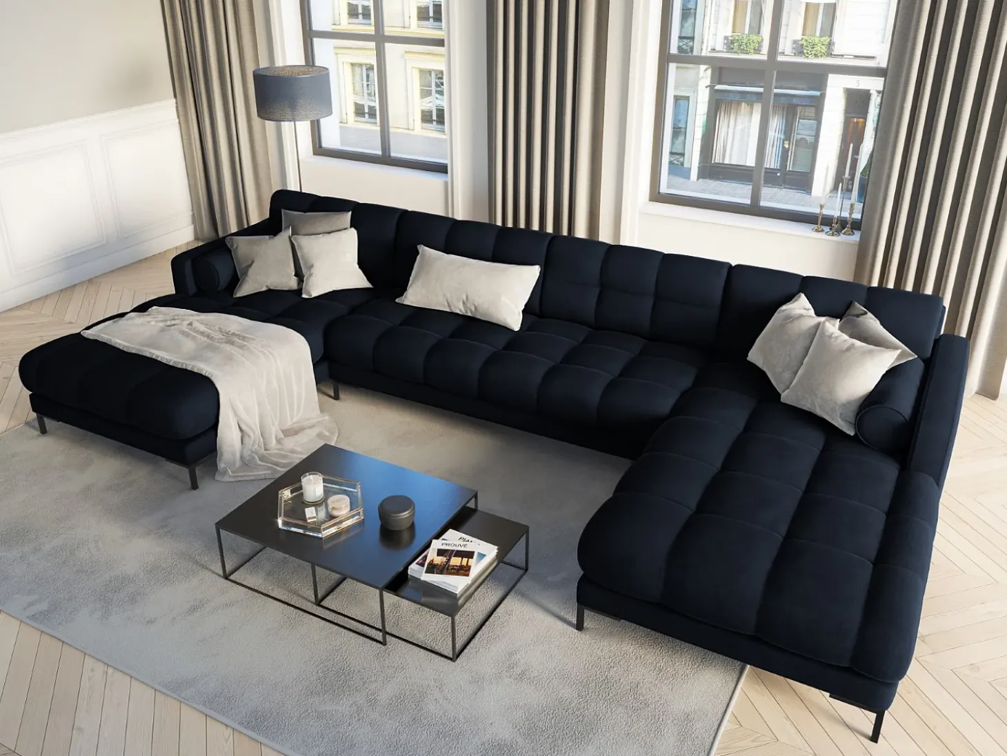 Cosmopolitan Design - Sofá panorâmico "Bali" 7 lugares em veludo azul escuro - 383x185x75cm