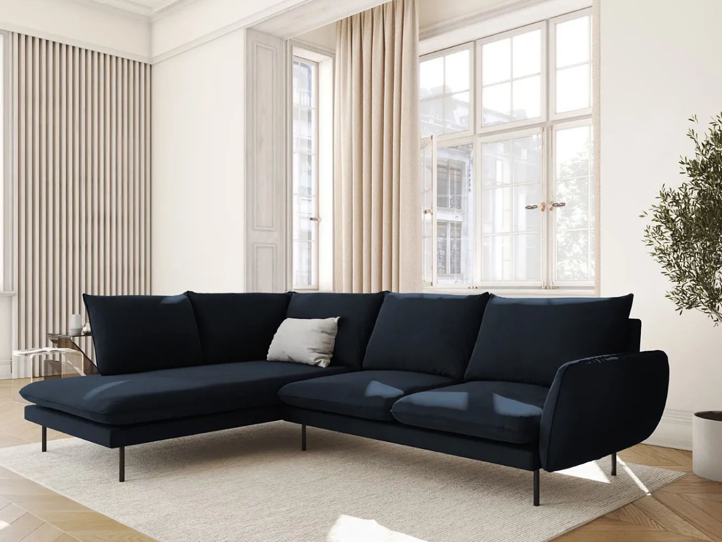 Cosmopolitan Design - Sofá de canto esquerdo "Vienna" 6 lugares em veludo azul escuro - 275x185x95cm