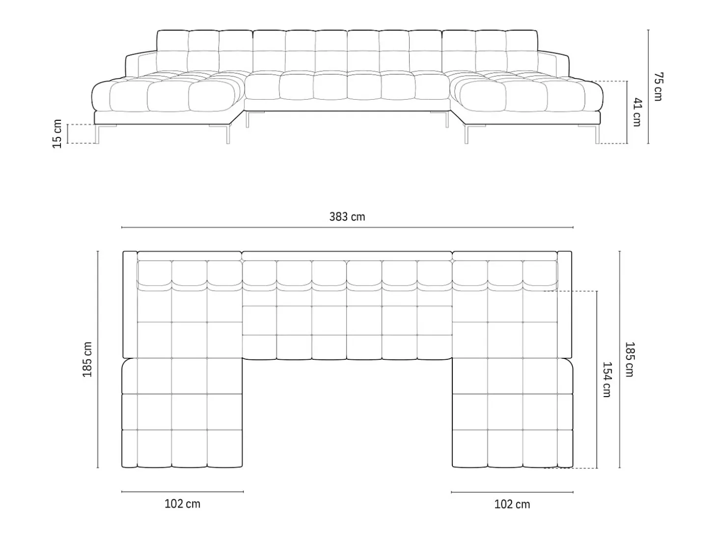 Cosmopolitan Design - Sofá panorâmico "Bali" 7 lugares em tecido estrutural cinza escuro - 383x185x75cm