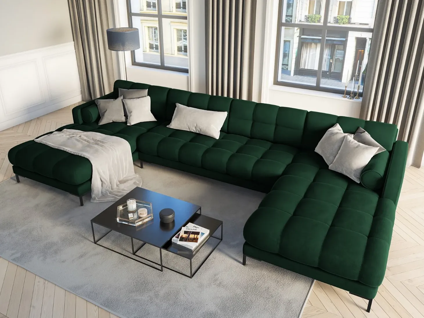 Cosmopolitan Design - Sofá panorâmico "Bali" 7 lugares em veludo verde garrafa - 383x185x75cm