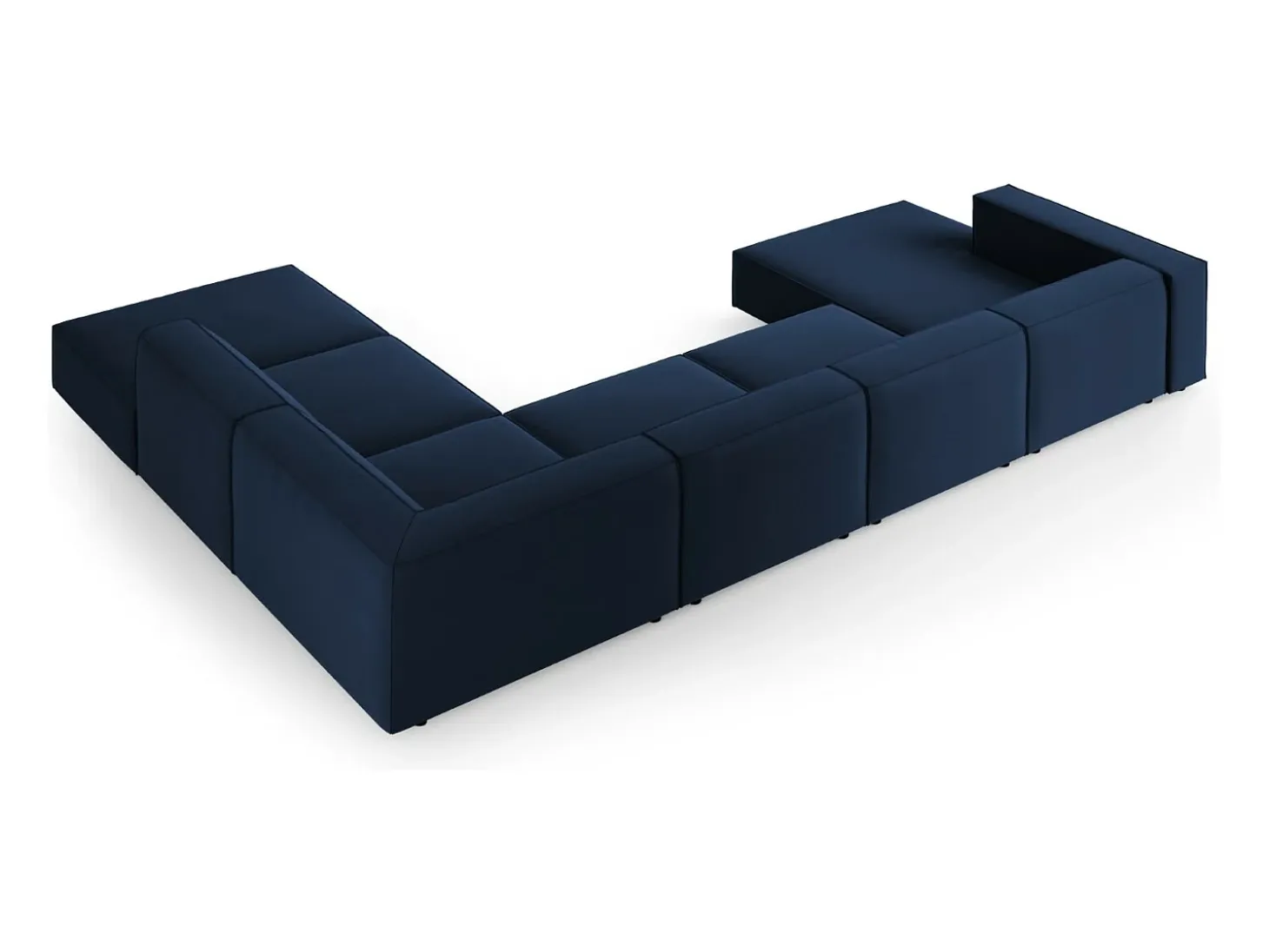 Cosmopolitan Design - Sofá de canto direito panorâmico "Arendal" 7 lugares em veludo azul real - 364x262x70cm