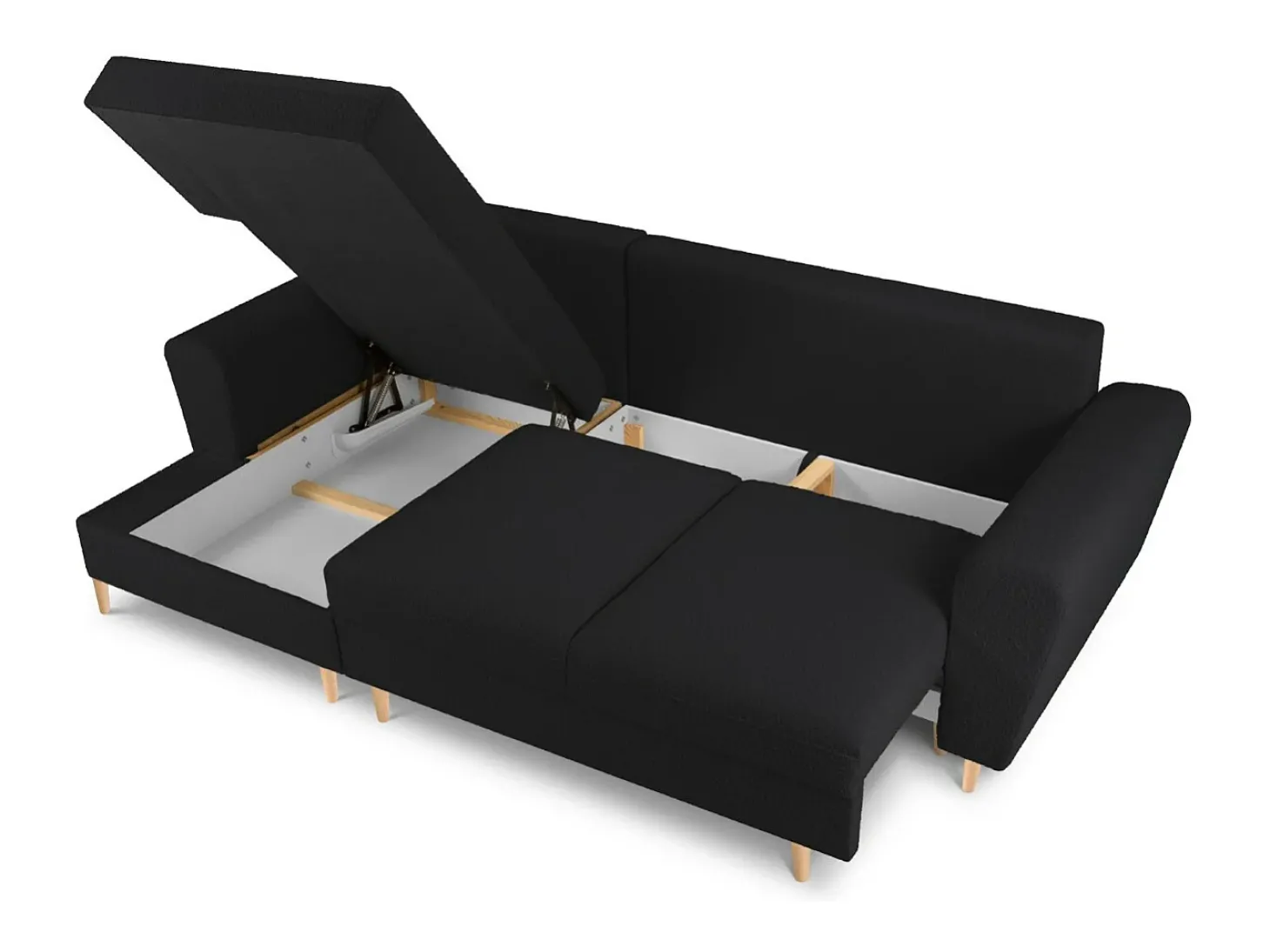 Cosmopolitan Design - Sofá convertível de canto esquerdo com caixa de arrumação "Kyoto" 4 lugares em tecido bouclé preto - 241x145x88cm
