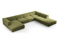 Cosmopolitan Design - Sofá de canto direito panorâmico "Arendal" 7 lugares em veludo verde claro - 364x262x70cm
