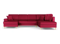 Cosmopolitan Design - Sofá panorâmico convertível em linha reta com caixa de arrumação "Kyoto" 7 lugares em veludo vermelho - 313x194x88cm