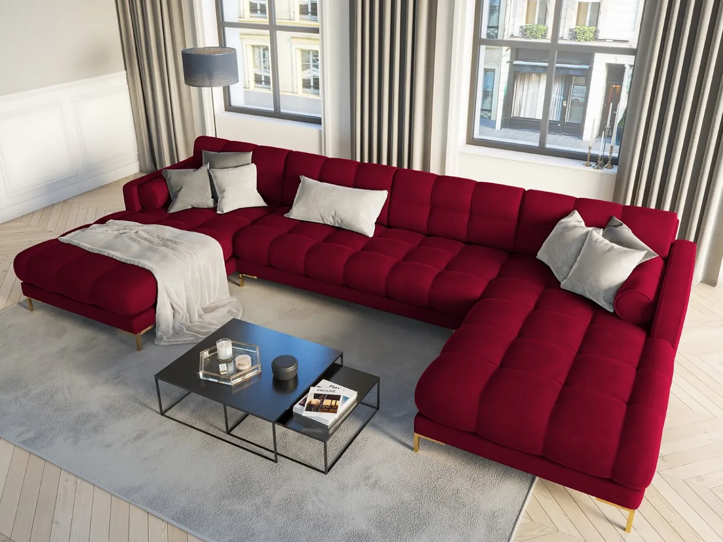 Cosmopolitan Design - Sofá panorâmico "Bali" 7 lugares em veludo vermelho - 383x185x75cm