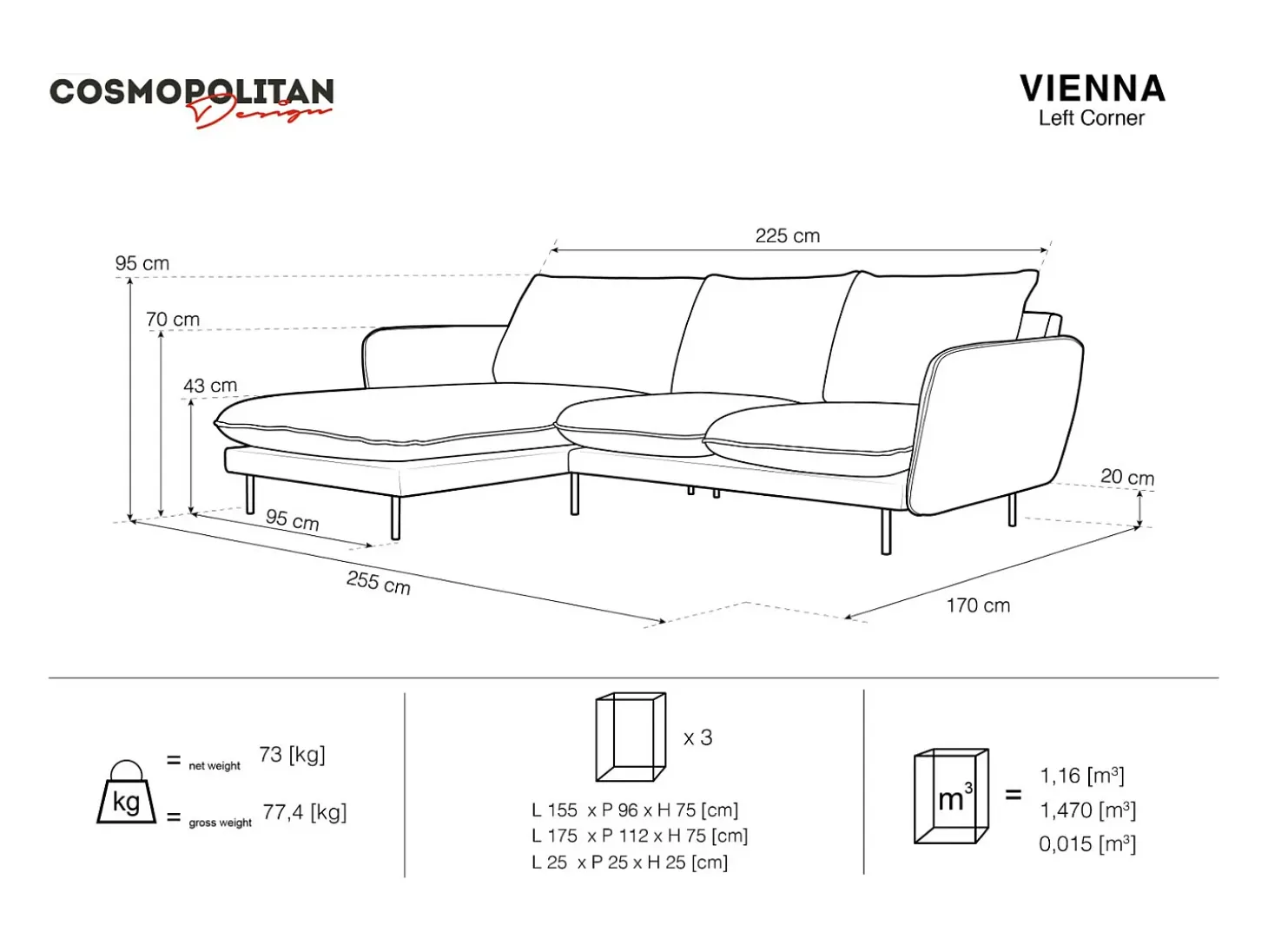 Cosmopolitan Design - Sofá de canto esquerdo "Vienna" 5 lugares em veludo azul escuro - 255x170x95cm