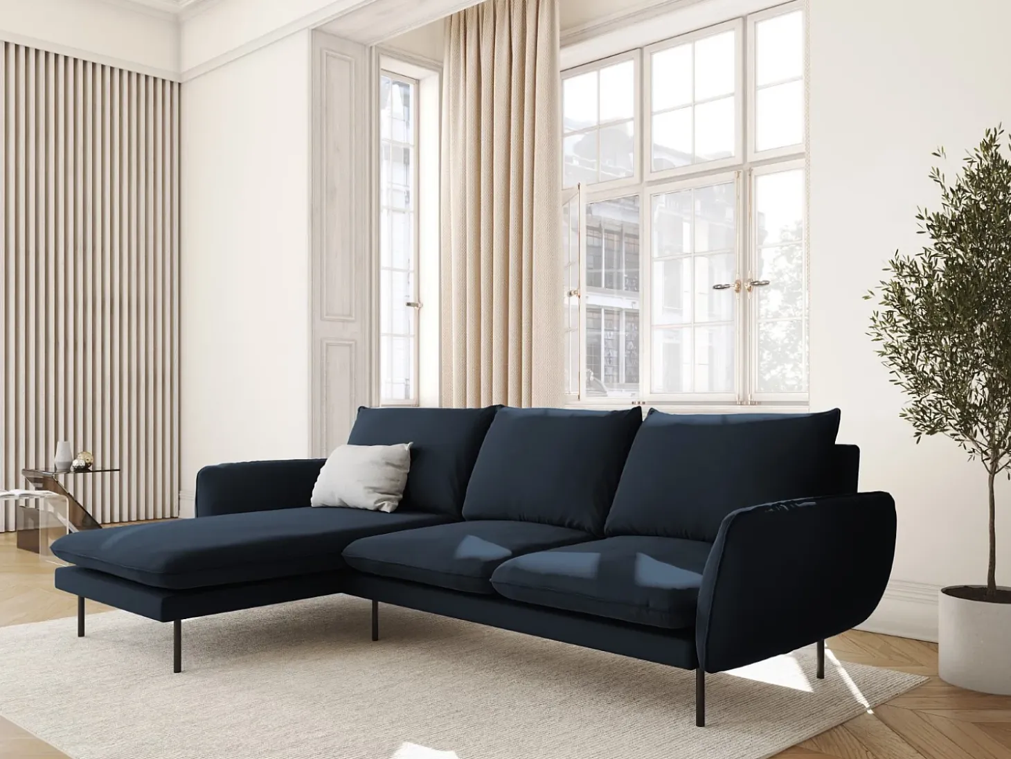 Cosmopolitan Design - Sofá de canto esquerdo "Vienna" 5 lugares em veludo azul escuro - 255x170x95cm