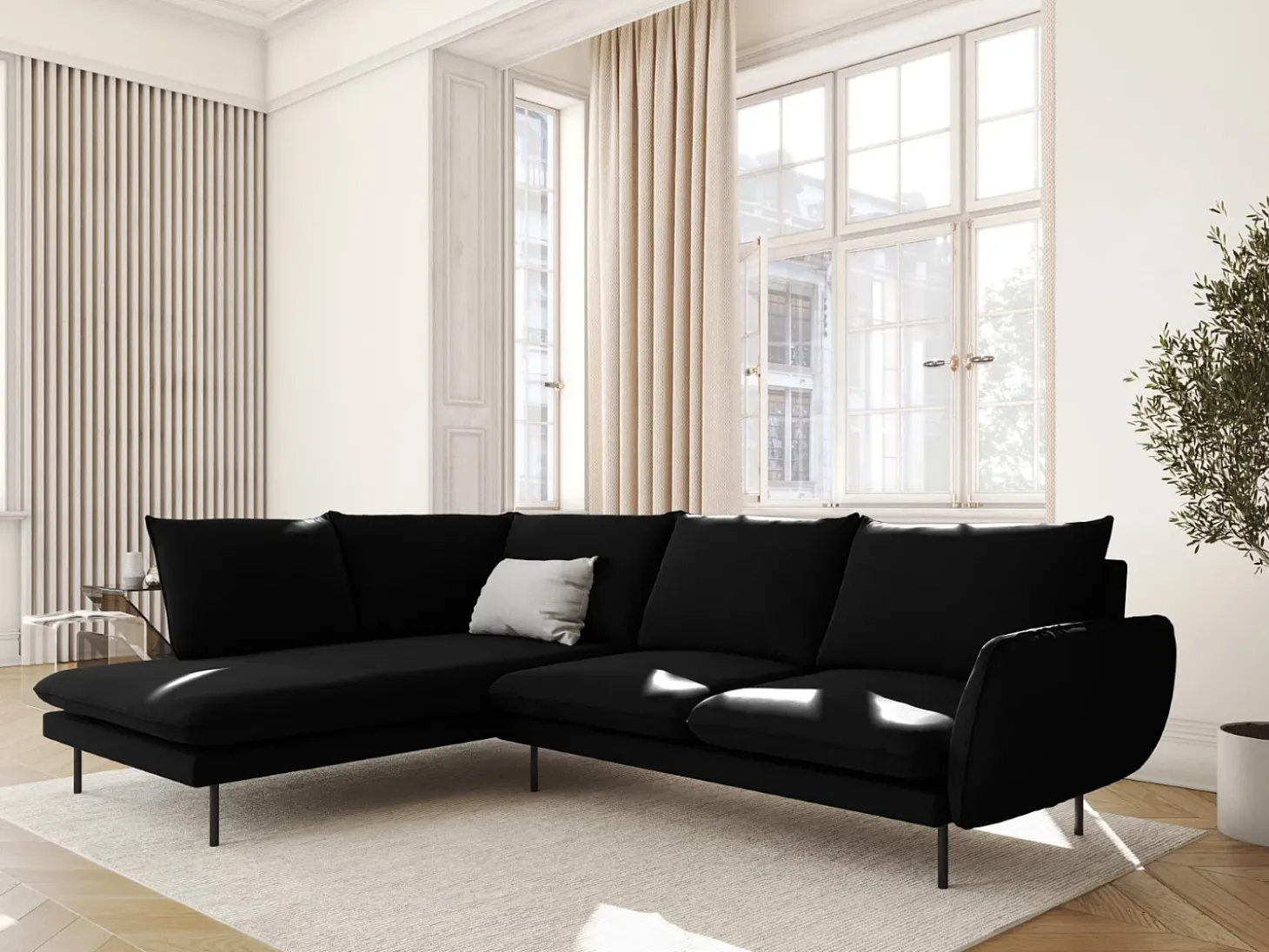Cosmopolitan Design - Sofá de canto esquerdo "Vienna" 6 lugares em veludo preto - 275x185x95cm