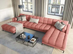 Cosmopolitan Design - Sofá panorâmico "Bali" 7 lugares em veludo rosa - 383x185x75cm
