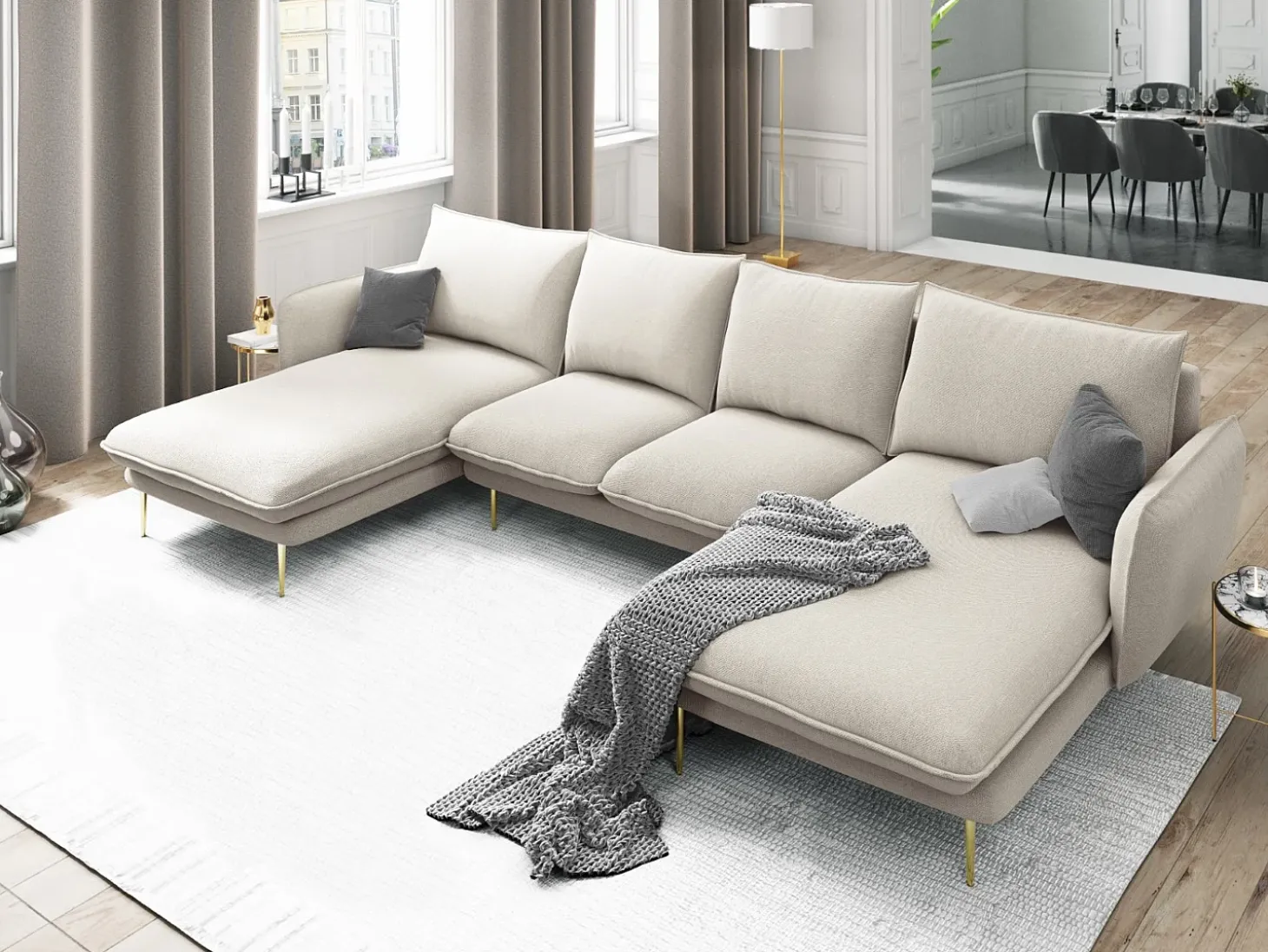 Cosmopolitan Design - Sofá panorâmico "Vienna" 6 lugares em tecido estrutural bege claro - 350x170x95cm