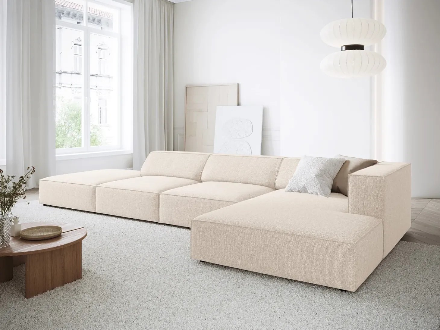 Cosmopolitan Design - Sofá de canto direito "Arendal" 5 lugares em tecido chenille bege claro - 341x166x70cm
