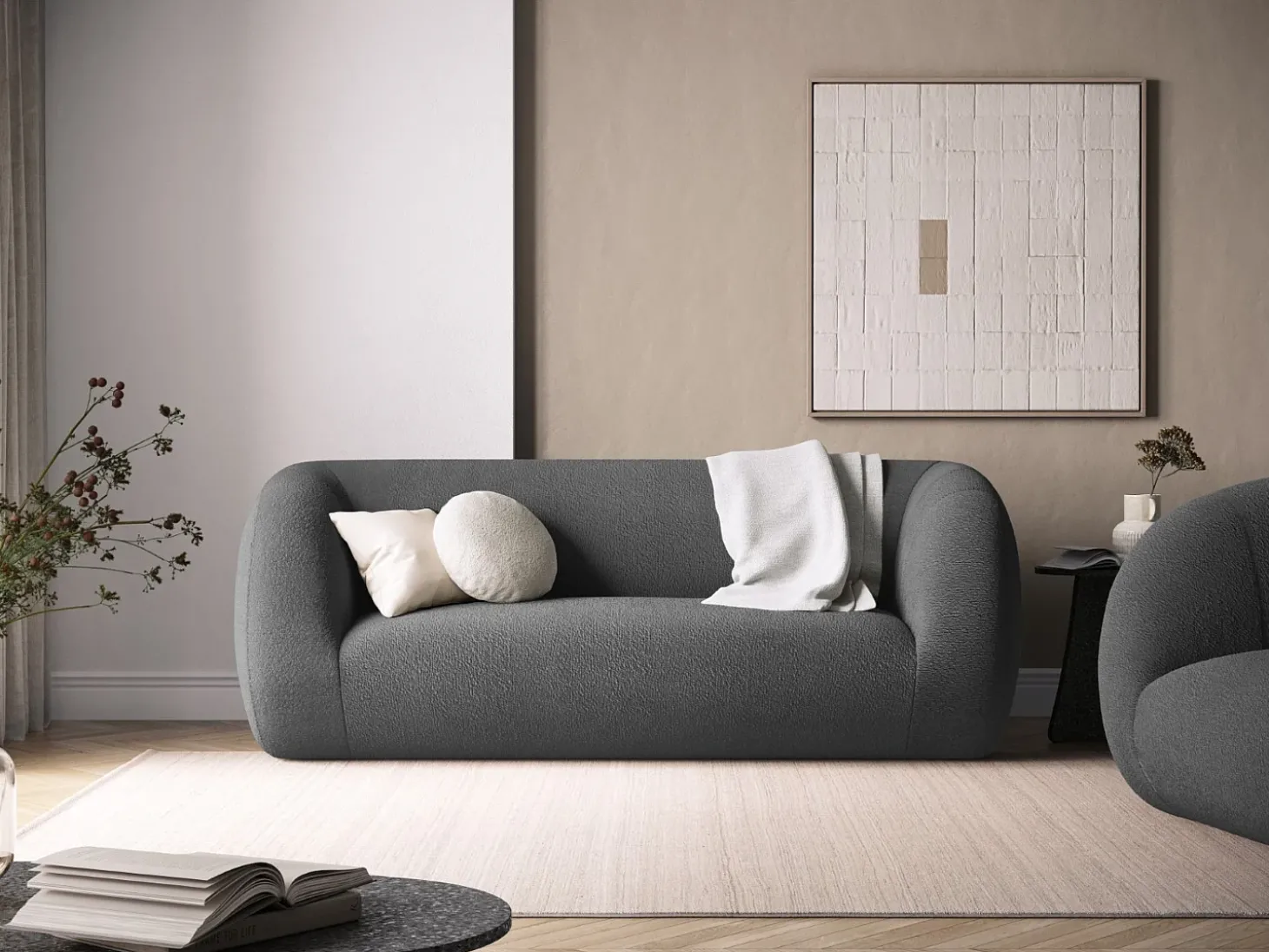 Cosmopolitan Design - Sofá "Essen" 2 lugares em tecido bouclé cinza escuro - 210x95x86cm