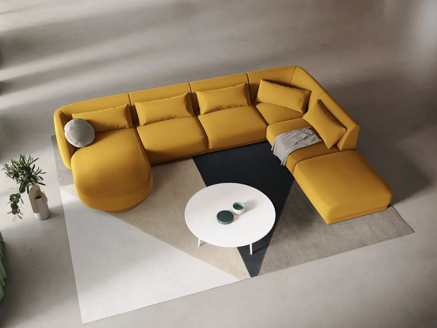 Cosmopolitan Design - Sofá de canto direito panorâmico "Tulum" 6 lugares em veludo amarelo - 330x255x70cm