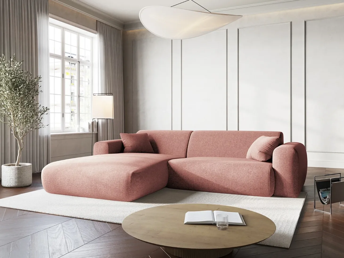 Cosmopolitan Design - Sofá de canto esquerdo "Nolio" 4 lugares em tecido chenille rosa - 235x170x72cm