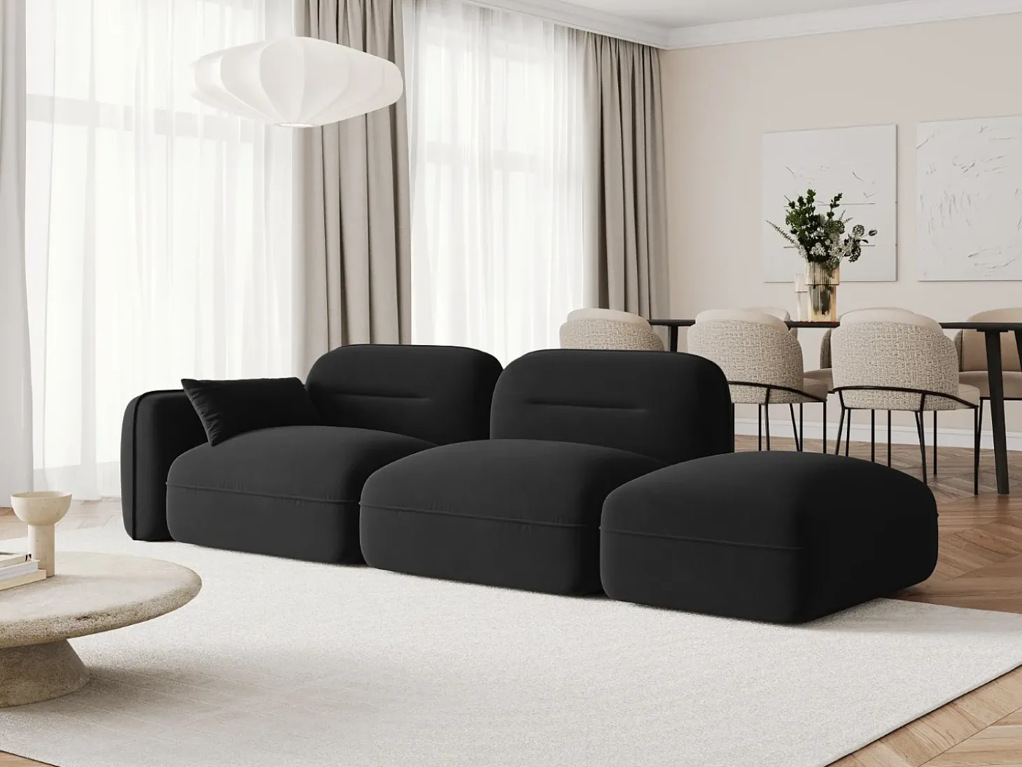 Cosmopolitan Design - Sofá modular direito "Sydney" 3 lugares em veludo preto - 295x90x70cm