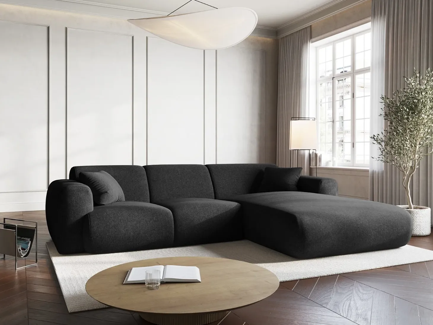 Cosmopolitan Design - Sofá de canto direito "Nolio" 4 lugares em tecido chenille preto - 260x170x72cm