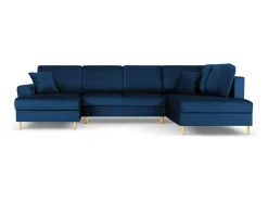 Cosmopolitan Design - Sofá panorâmico convertível em linha reta com caixa de arrumação "Kyoto" 7 lugares em veludo azul real - 313x194x88cm
