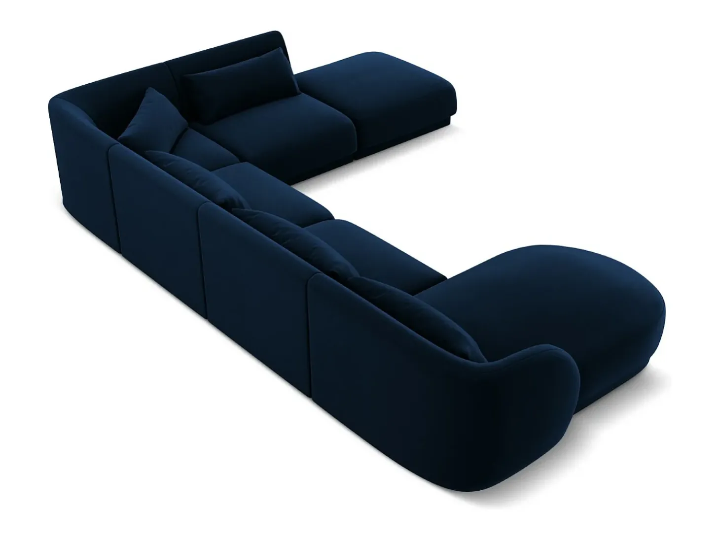 Cosmopolitan Design - Sofá de canto direito panorâmico "Tulum" 6 lugares em veludo azul real - 330x255x70cm